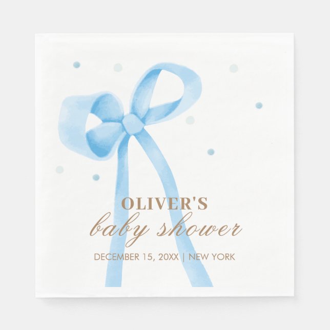 Blue Simple Polka Dot Bow Baby Shower Napkins (Front)
