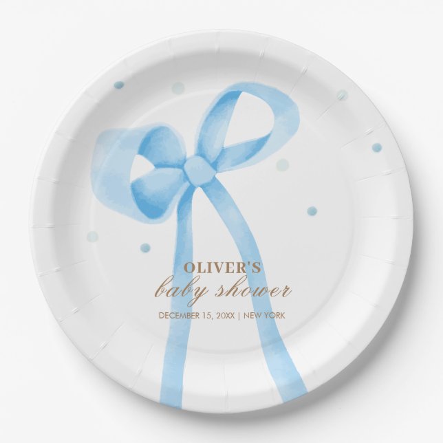 Blue Simple Polka Dot Bow Baby Shower Paper Plates (Front)