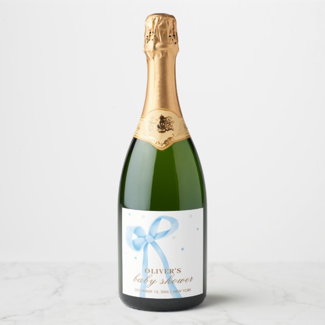 Blue Simple Polka Dot Bow Baby Shower Sparkling Wine Label (Front)