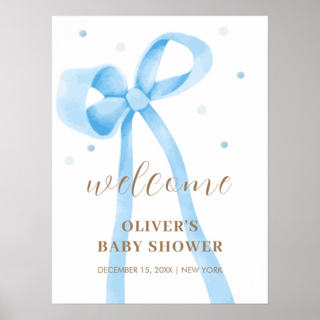 Blue Simple Polka Dot Bow Baby Shower Welcome Poster (Front)