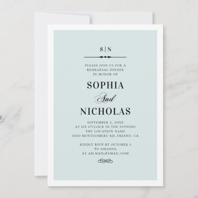 Blue simple rehearsal dinner. Elegant classic Invitation (Front)