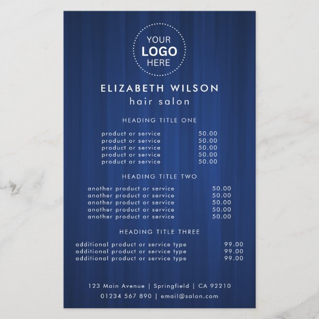 Blue Simple Salon Service Menu Flyer (Front)