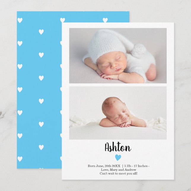 Blue simple script heart 2 photos boy baby birth announcement (Front/Back)