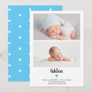 Blue simple script heart 2 photos boy baby birth announcement
