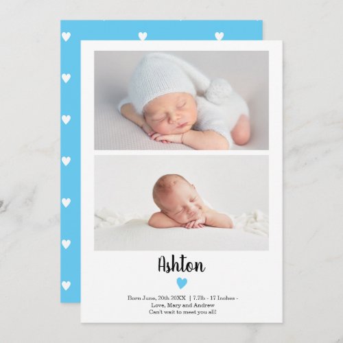 Blue simple script heart 2 photos boy baby birth announcement