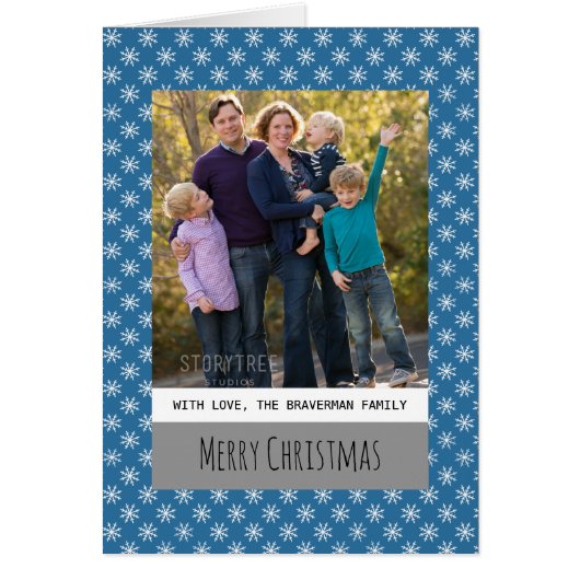 Blue Simple Snowflake Holiday Photo Greeting Card (Front)