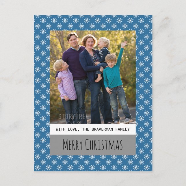 Blue Simple Snowflake Holiday Photo Postcard (Front)