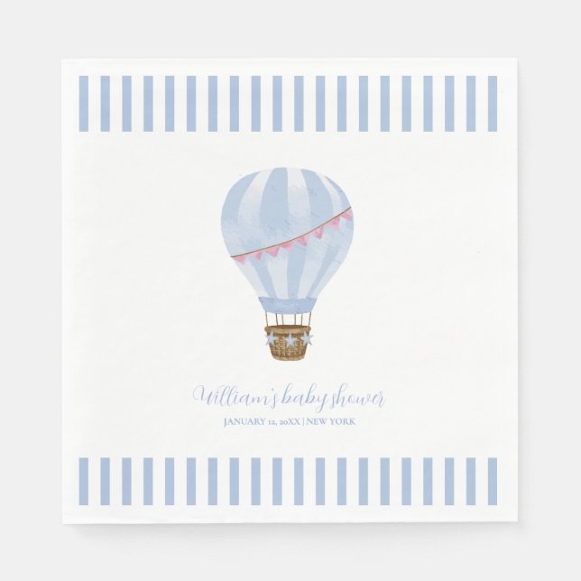 Blue Simple Stripe Hot Air Balloon Boy Baby Shower Napkins (Front)