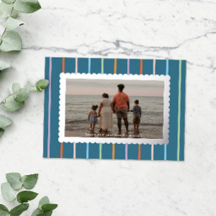 Blue Simple Stripes and Scallops Landscape Photo Foil Holiday Card