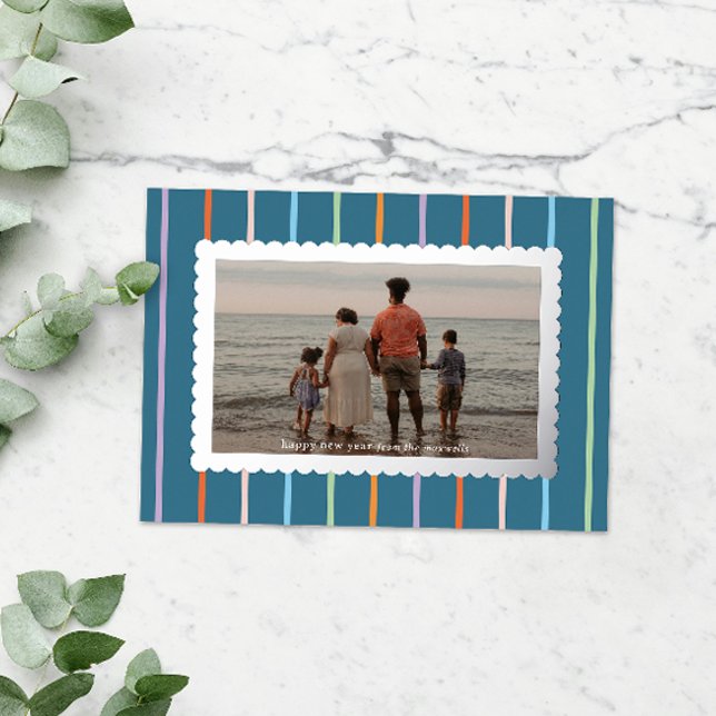 Blue Simple Stripes and Scallops Landscape Photo Foil Holiday Card (cheerful blue striped happy new year card with silver foil scalloped frame around landscape photo)