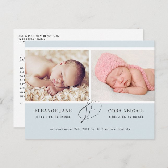 Blue Simple Twin Boys Photo Birth Announcement Postcard (Front/Back)