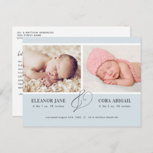Blue Simple Twin Boys Photo Birth Announcement Postcard