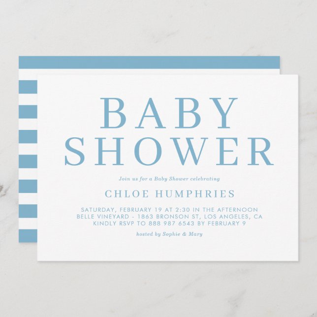 Blue Simple Typography Stripes Boy Baby Shower Invitation (Front/Back)