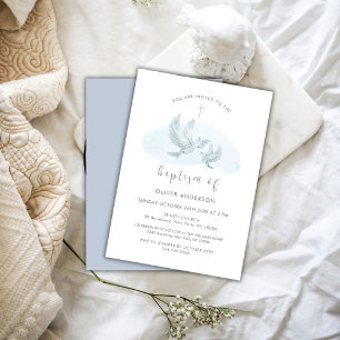 Blue Simple Watercolor Bird Dove Cross Boy Baptism Invitation