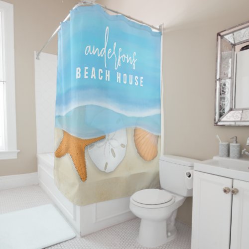 Blue Simple Watercolor Coastal Ocean Seaside  Shower Curtain