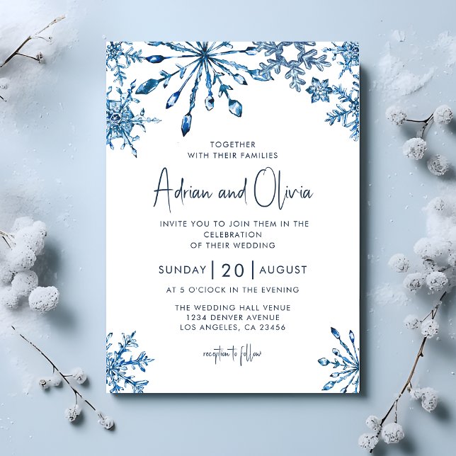 Blue Simple Winter wonderland Snowflake Wedding Invitation (Creator Uploaded)