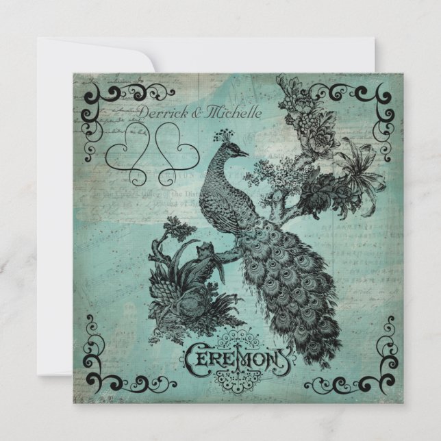 Blue Sing a Song Peacock Wedding Invitation (Front)