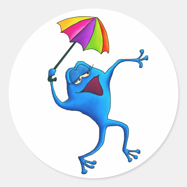Blue Singing Frog with Umbrella Classic Round Sticker (Front)
