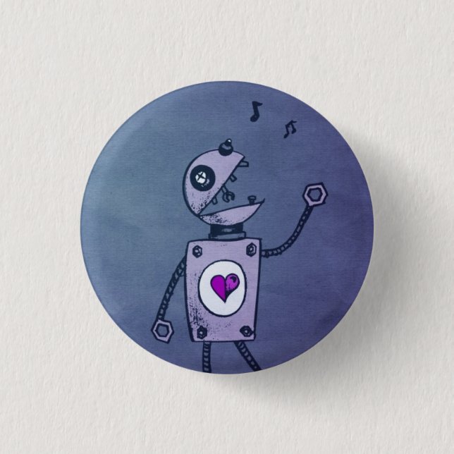 Blue Singing Retro Funny Robot Cartoon Pinback Button (Front)