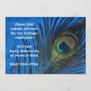 Blue Single Peacock Feather Birthday Invitation