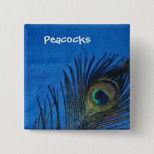 Blue Single Peacock Feather Pinback Button (Front)