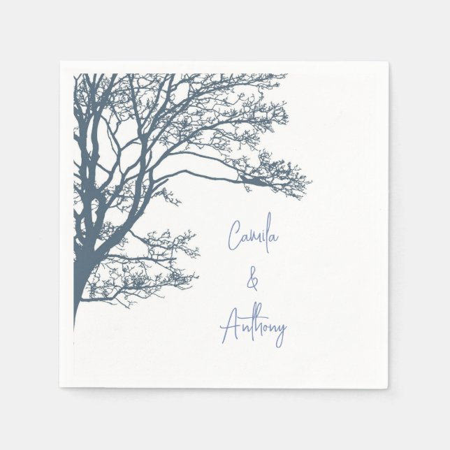 Blue Single Tree Boho Wedding Napkins (Front)