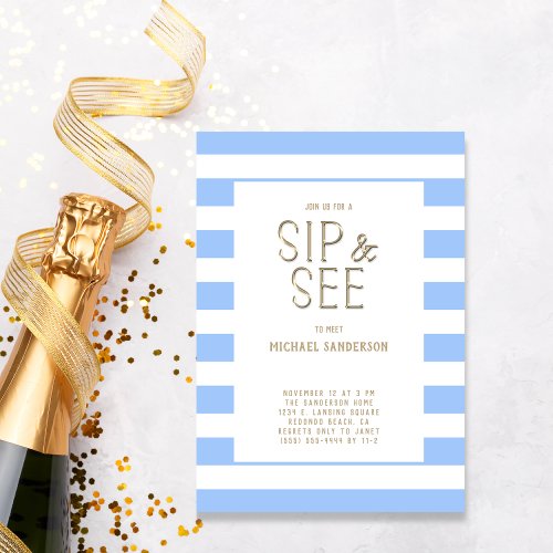 Blue Sip and See  Striped Baby Boy  Party Invitation