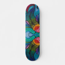 Blue Skateboard Deck With Rainbow Koi Fish Design