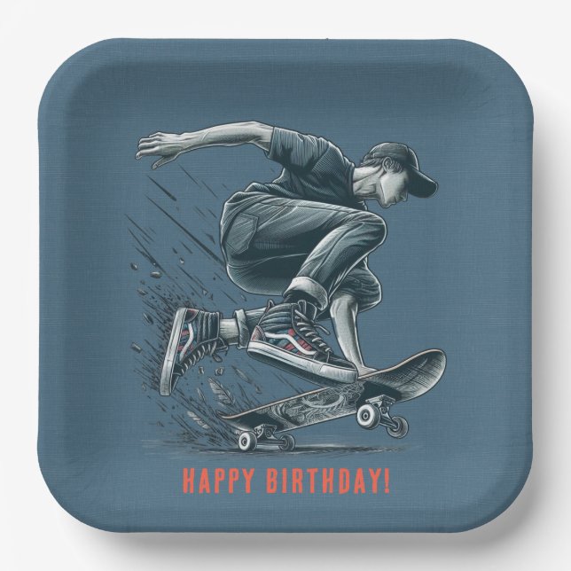 Blue Skateboarder Burnt Orange Happy Birthday Boy Paper Plates (Front)