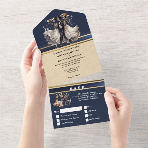 Blue skeleton bride groom gothic wedding all in one invitation