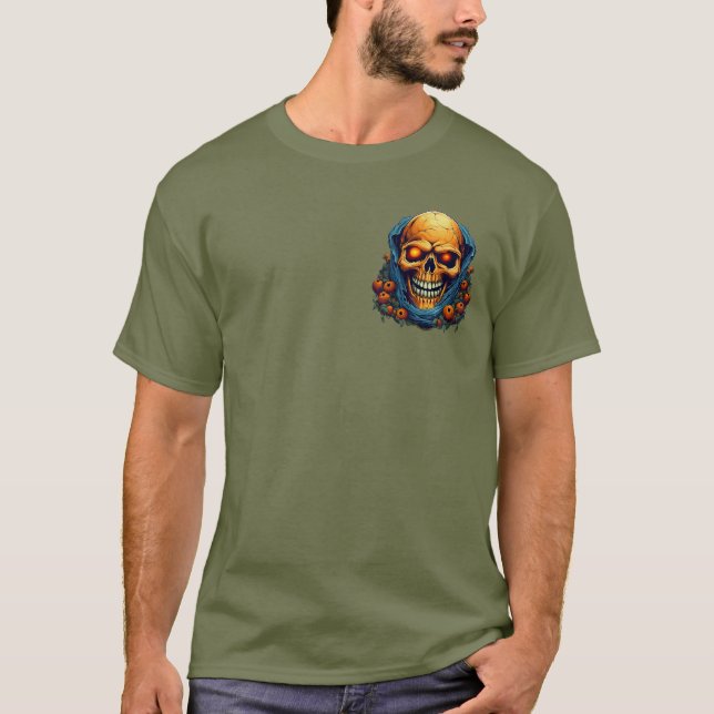 Blue Skeleton Head Orange Glow Halloween T-Shirt (Front)