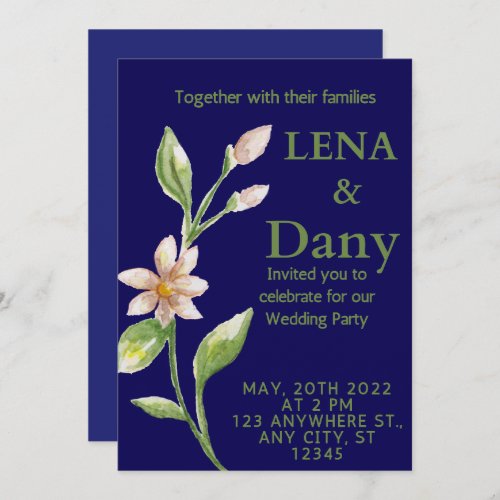 blue sketch floral greenery wedding invitation