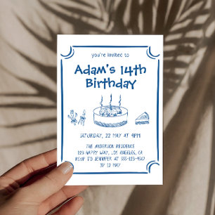 Blue Sketch Line Art Kids Birthday Party Invitation