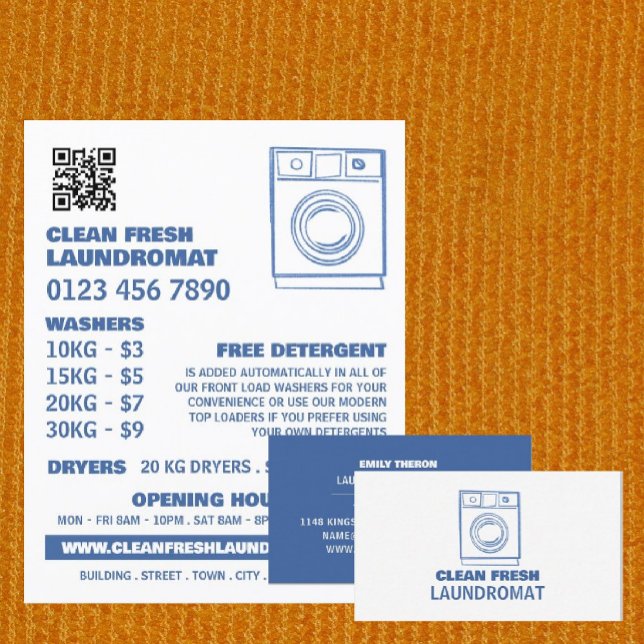 Blue Sketch Washer, Laundromat, Cleaning Service Business Card (Creator Uploaded)
