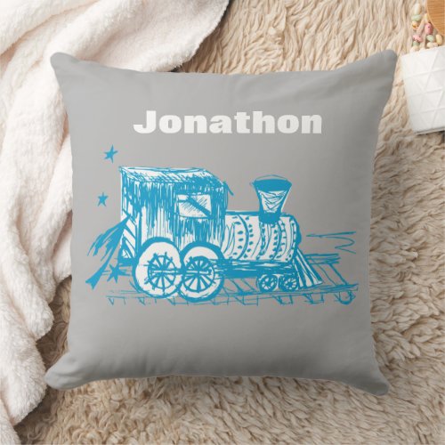 Blue Sketched Choo Choo Train Boys Room Nursery Throw Pillow