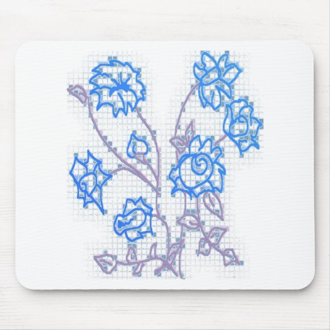 Blue Sketched Flowers Mouse Pad (Front)