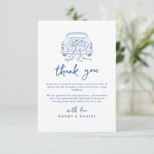Blue Sketched Just Married Car Couples Monogram Thank You Card