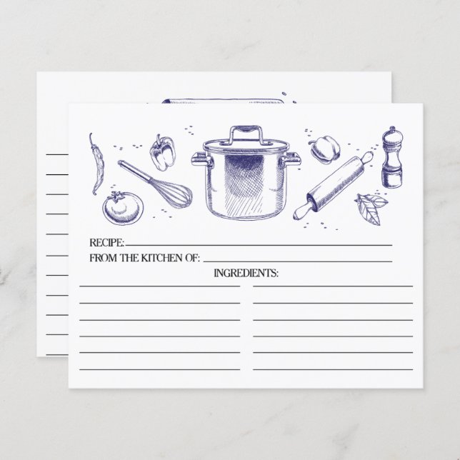Blue Sketched Kitchen Tools Recipe Cards (Front/Back)