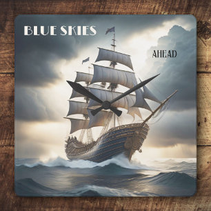 Blue Skies Ahead Antique Sailboat Square Wall Clock