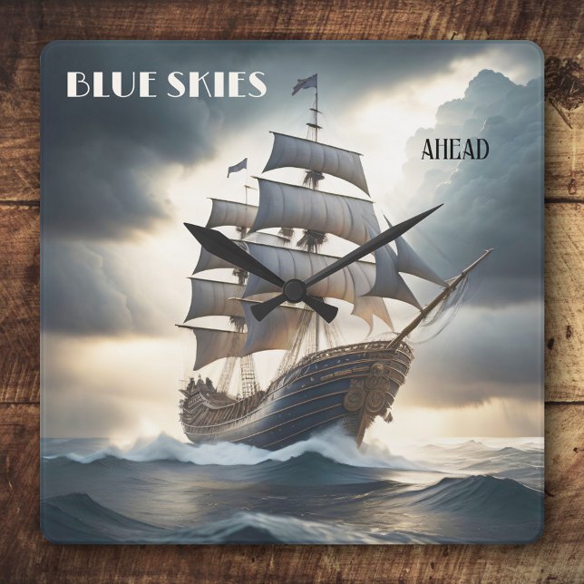Blue Skies Ahead Antique Sailboat Square Wall Clock (Classic design wall clock featuring a vintage clipper on a stormy ocean)