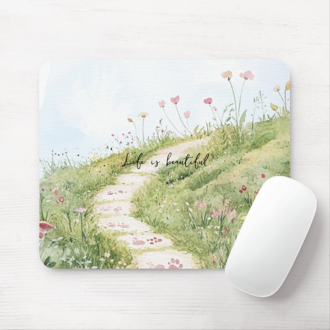 Blue Skies Grass Path Pink Flowers Mouse Pad (With Mouse)
