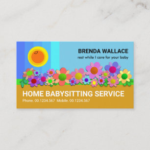 Blue Skies Happy Sun Colorful Flowers Babysitting Business Card