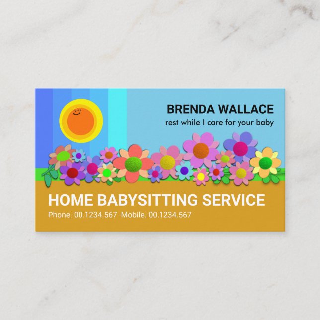Blue Skies Happy Sun Colorful Flowers Babysitting Business Card (Front)