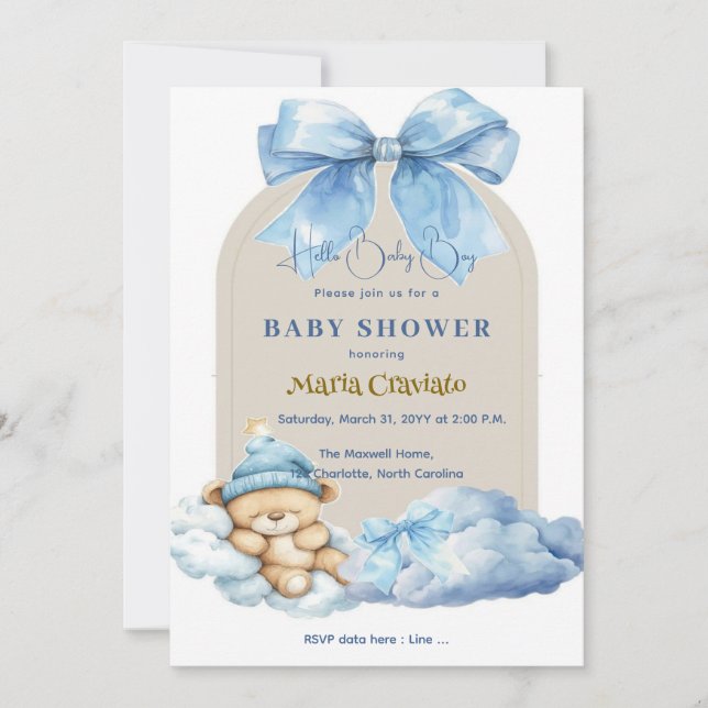 Blue Skies & Teddy Hugs Baby Shower Invitation (Front)