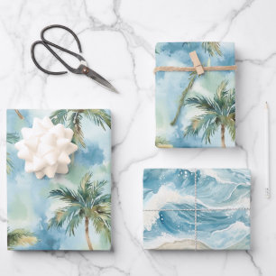 Blue Skies Tropical Island Palm Trees Birthday Wrapping Paper Sheets