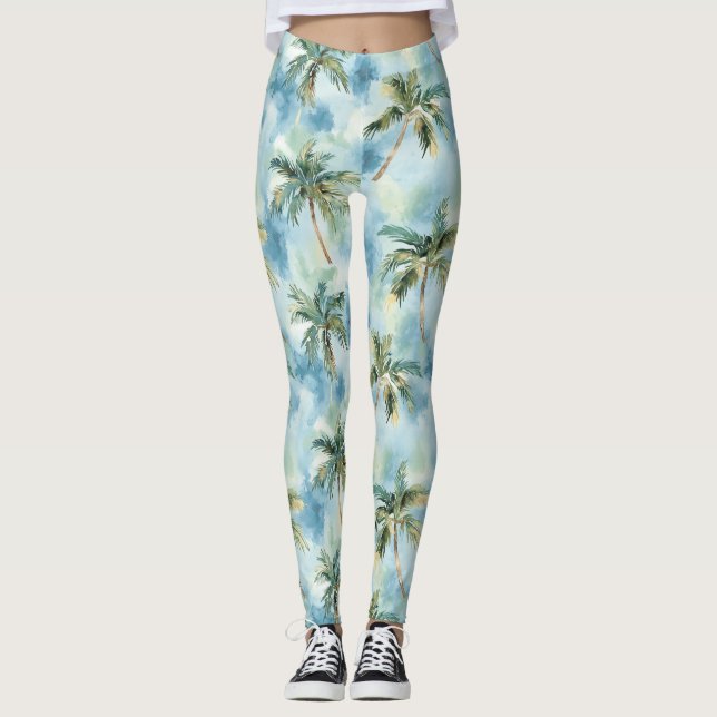 Blue Skies Tropical Island Palm Trees   Leggings (Front)