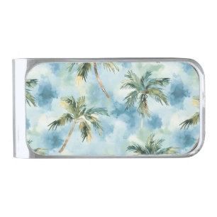 Blue Skies Tropical Island Palm Trees Silver Finish Money Clip