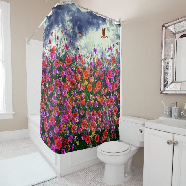 Blue Skies -Wildflower Fields Shower Curtain (In Situ)