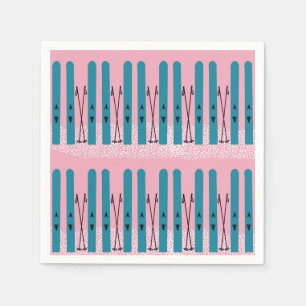 Blue skis on snow & pink background napkins