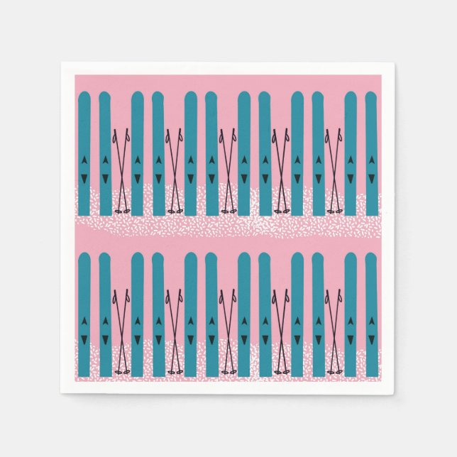 Blue skis on snow & pink background napkins (Front)